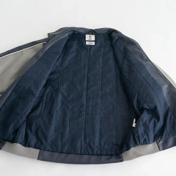 VTG 90'S NFL Team Apparel New England Patriots Blue And Gray Faux Leather Jacket - Picture 5 of 14